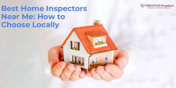 Man Holding a dummy house in hand and a question on the left top of the image says Best Home Inspectors Near Me: How to Choose Locally