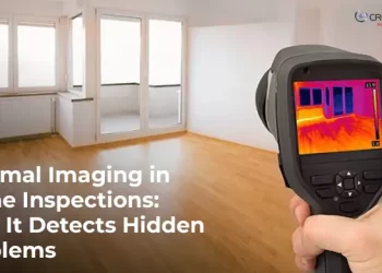 A person holding thermal camera in his hand a a text on left bottom says Thermal Imaging in Home Inspections: How It Detects Hidden Problems