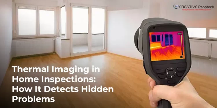 A person holding thermal camera in his hand a a text on left bottom says Thermal Imaging in Home Inspections: How It Detects Hidden Problems