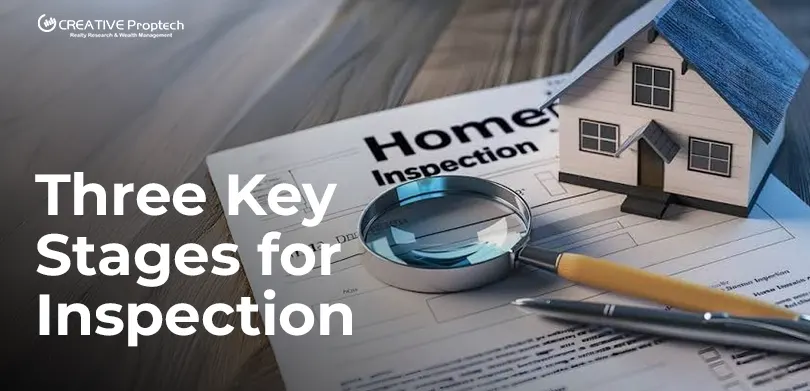 A miniature home on a newspaper with a microscope describing inspection and a text on the left saying Three Key Stages for Inspection