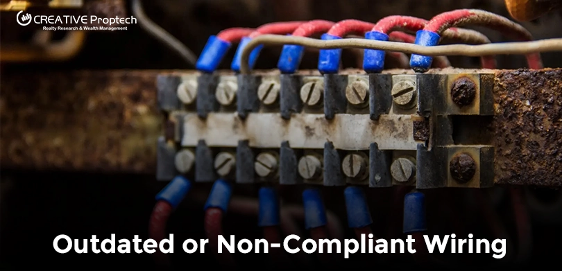 Close-up of old, rusted electrical terminal block with multiple wires connected using outdated methods; text overlay reads 'Outdated or Non-Compliant Wiring' with CREATIVE Proptech logo.
