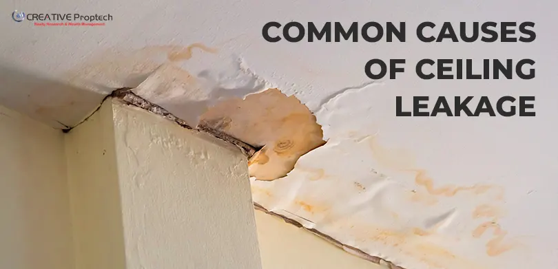 Damaged ceiling with paint flaking and water stains, representing apartment leakage issues and water ingress problems.