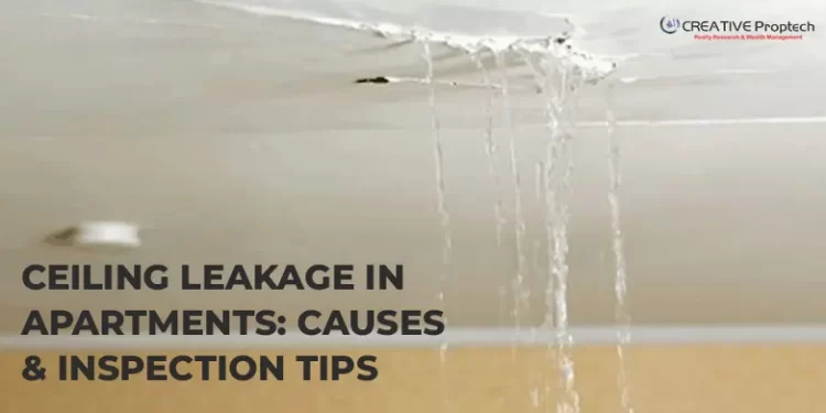 Severe water damage and active leakage through an apartment ceiling, emphasizing the need for inspection to find the causes of ceiling leaks.