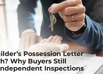 "Real estate buyer receiving house keys from a builder or agent over paperwork on a table; text overlay reads 'Is a Builder’s Possession Letter Enough? Why Buyers Still Need Independent Inspections' with CREATIVE Proptech logo."