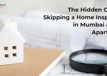Miniature house model placed on architectural blueprints with a magnifying glass beside it, symbolizing home inspection; text overlay reads 'The Hidden Costs of Skipping a Home Inspection in Mumbai & Pune Apartments' with CREATIVE Proptech logo.