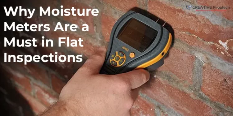 Close-up shot of a hand holding a moisture meter against a red brick wall, emphasizing why the tool is a must-have for flat inspections to detect hidden water damage and seepage.